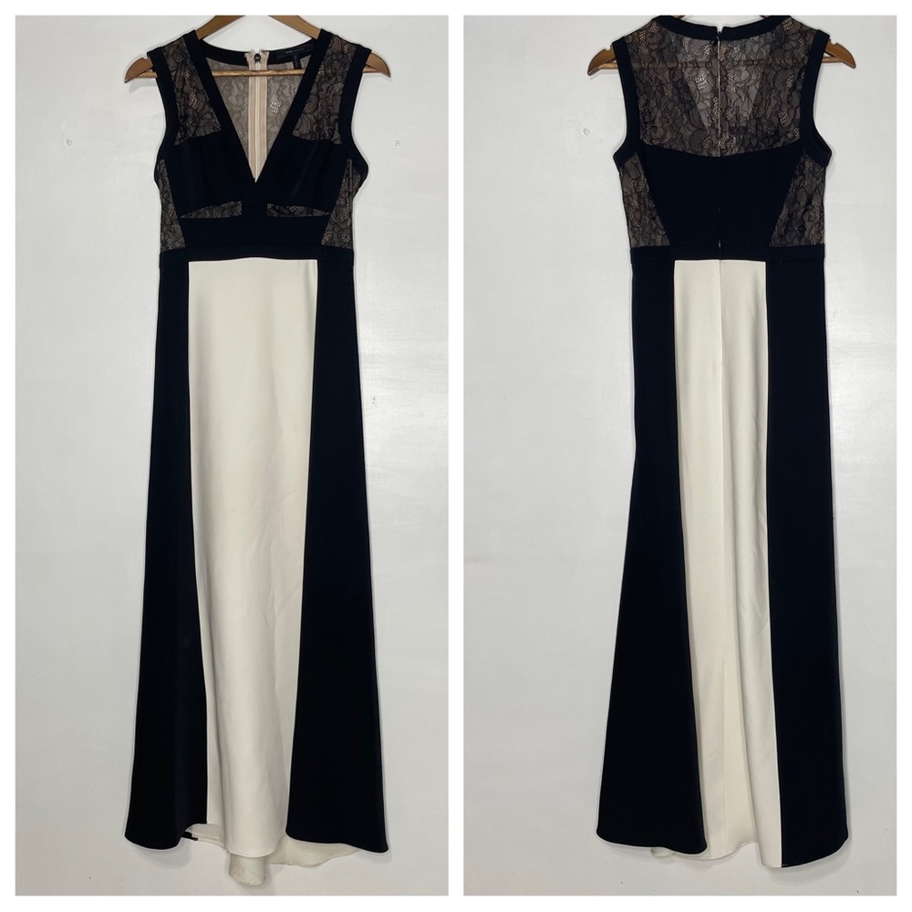 BCBG MAXAZRIA black and offwhite floor length gown lace panel Odette size 4 Tall
